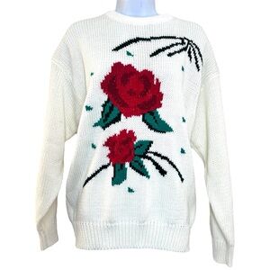 Floral Knit Sweater - White with Red and Green Accents